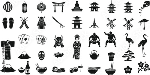 Mega Set of Black Vector Icons Featuring Japanese Culture Lanterns Pagodas Samurai Sumo Wrestlers Sushi Bonsai and Traditional Oriental Symbols