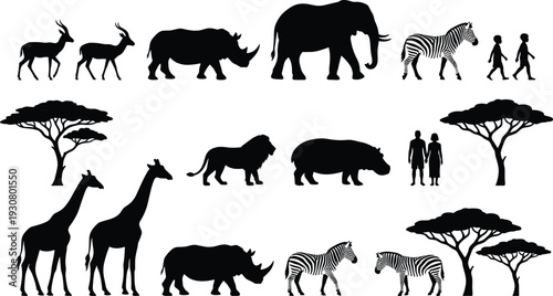 African Wildlife Silhouette Collection with Elephant Lion Giraffe Zebra Rhino Antelope Acacia Trees and Human Figures Vector Illustration Set