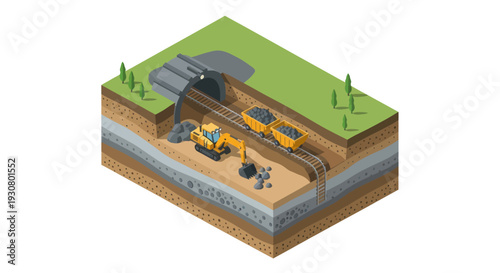 Underground mining operation with machinery and infrastructure.