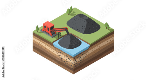 3D illustration of coal mining process with excavator and piles.