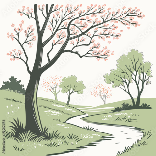 A serene countryside path winds through a lush, blossoming forest.