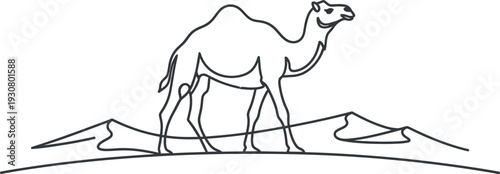 Minimalist black line art drawing of a happy camel standing in the desert sand