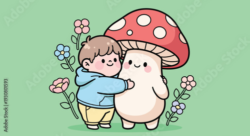 Young Boy Hugging Mushroom Character Illustration.
