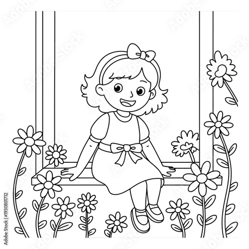 A happy girl sitting on a window sill surrounded by flowers, coloring page