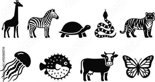 Animal Silhouette Collection with Giraffe Zebra Turtle Snake Tiger Jellyfish Puffer Fish Cow Butterfly Vector Illustration Set