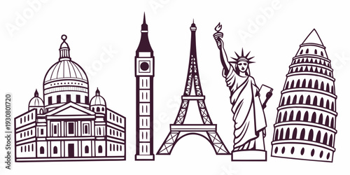 Iconic landmarks from around the world illustrated in a minimalist line art style