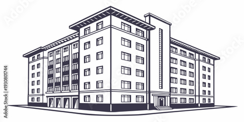 A large, multi-story apartment building with numerous windows and balconies