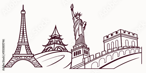 Iconic landmarks from around the world illustrated in a simple line drawing style