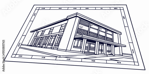 A detailed architectural drawing of a modern building with large windows and a flat roof