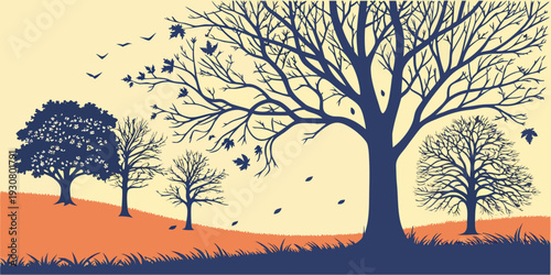 A serene landscape featuring a large tree with a vibrant sunset in the background