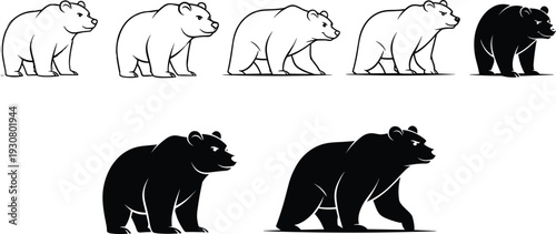 Bear Silhouette Set with Standing and Walking Grizzly Wildlife Black and White Vector Illustration Collection