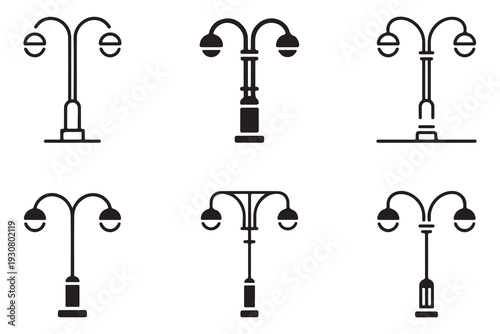 Retro street light icon set with vintage outdoor lamp post designs for urban park and city walkway lighting