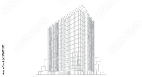 Architectural line drawing of a modern glass curtain wall high-rise office building