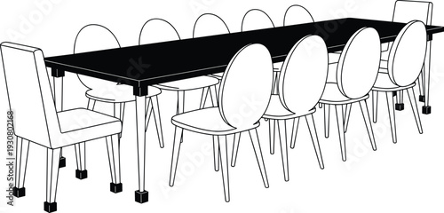 Dining Table with Chairs Perspective View Black and White Interior Furniture Vector Illustration Isolated on White Background