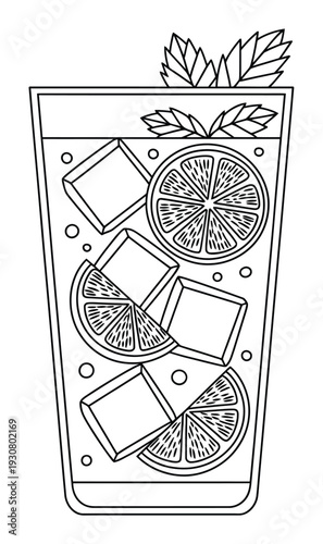 Refreshing Citrus Drink with Ice and Mint Leaves Line