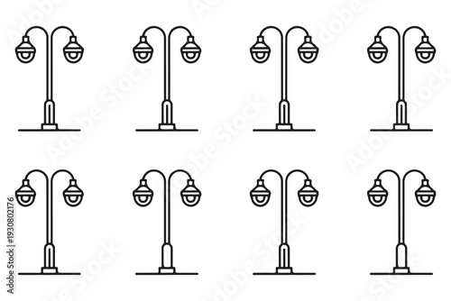 Symmetrical street light line art icons for urban infrastructure project and city management vector graphics