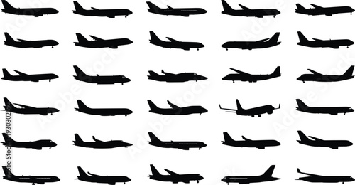 Commercial Airplane Silhouette Set with Passenger Jets in Side View Landing and Takeoff Positions Vector Illustration