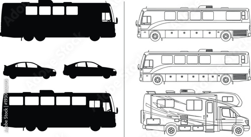 Coach Bus and Motorhome RV Silhouette and Detailed Line Art Side View Vehicle Vector Illustration Set
