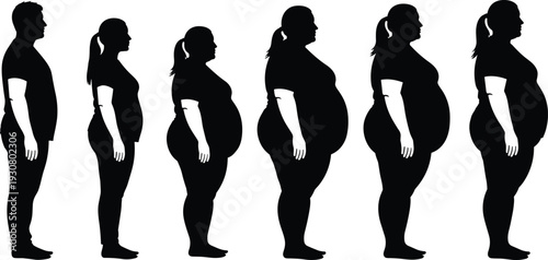 Human Body Weight Progression Silhouette Set Showing Obesity Transformation from Normal to Overweight Figures Vector Illustration