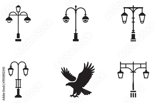 Vintage street light vector icons set. classic outdoor lanterns and flying eagle silhouette collection