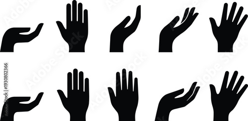 Hand Silhouette Icon Set with Open Palm and Gesture Symbols Black Vector Collection Isolated on White