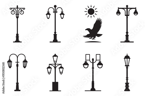 Decorative street light vector icons set. various styles of outdoor lamps and eagle under sun