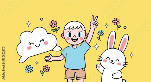 Cartoon Boy and Rabbit Character Illustration.