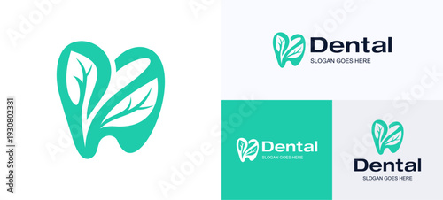 Abstract modern dental care with leaf for medical clinic, Logo icon design vector illustration templates, Symbol tooth integrated with leaves shapes for dentist health, holistic, brand identity