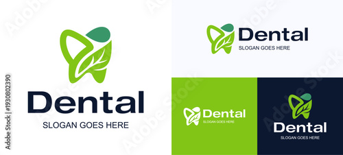 Creative dental with green leaf and fluid water drops for medical clinic, Logo icon design vector illustration template, Symbol tooth with leaves for dentist health, holistic and brand identity