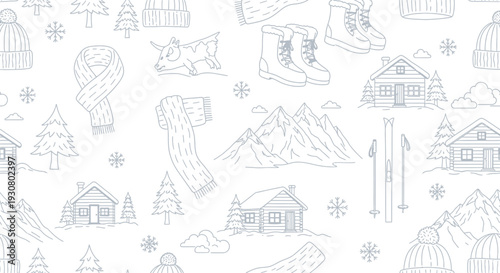 Seamless Winter Pattern Background with Cozy Elements and Snowflakes
