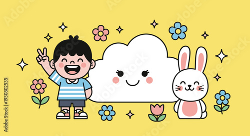 Cartoon boy bunny and cloud together.