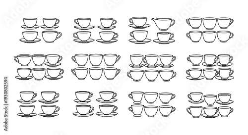 Collection of hand drawn teacups cups and a creamer on white background