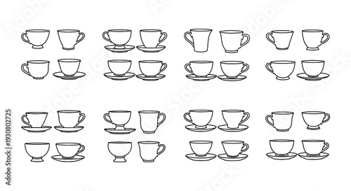 Collection of hand drawn teacups cups and a creamer on white background