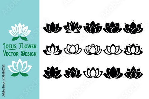 Large collection of diverse lotus flower silhouettes. Zen and meditation icons for spa, yoga, and wellness branding. Minimalist black floral symbols. Vector illustration