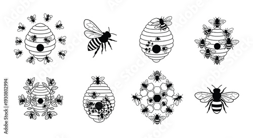 Black and white illustration of beehives and flying honeybees