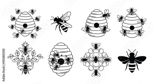 Black and white illustration of beehives and flying honeybees