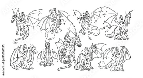 Line art illustration of various dragons and winged creatures with riders