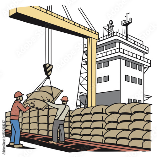 Cargo ship unloading grain sacks with crane and workers
