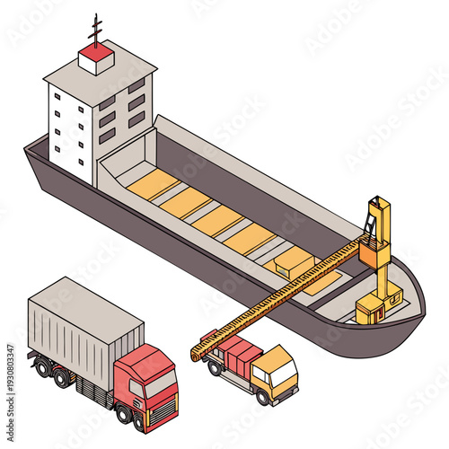 Cargo ship unloading containers to trucks container ship