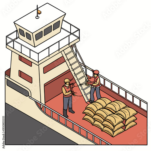 Cargo ship unloading sacks from cargo hold grain