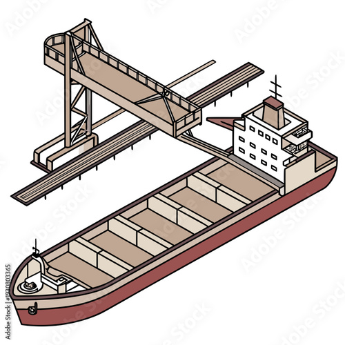 Cargo ship with grain loader unloading cargo hold maritime