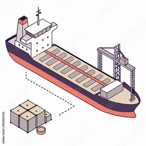 Cargo ship with open hold and conveyor belt loading boxes