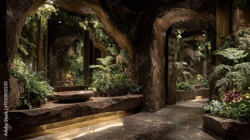 Enchanting naturalistic bathroom design creating a tranquil and earthy cave-like retreat