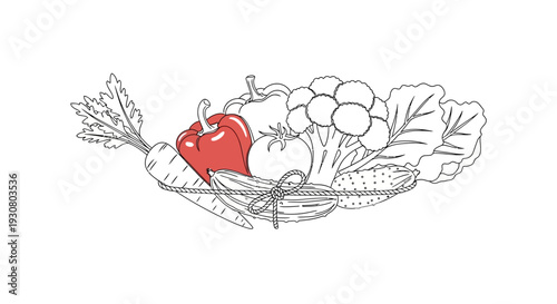 Assortment of Fresh Vegetables Tied with Rope Line Art on Isolated White Background