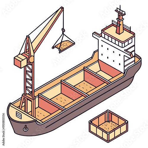 Cargo ship with crane loading grain transport 1 cargo hold