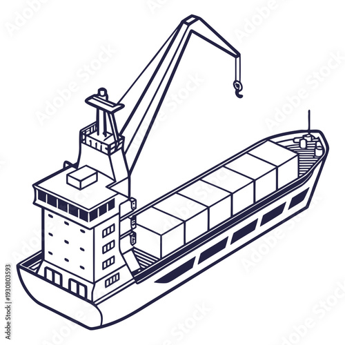 Cargo ship with open grain compartment and crane cargo vessel
