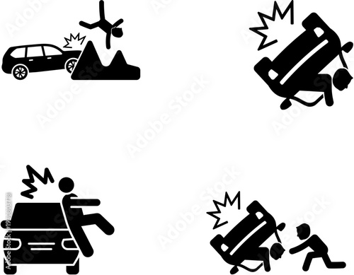 Icons illustrating various car accident scenarios including vehicle rollovers, collisions with objects, and pedestrian impacts, representing road safety and crash incidents.