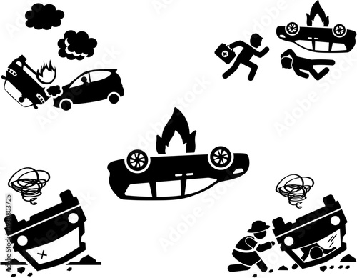 A collection of black and white icons illustrating various car accident scenarios, including collisions, overturned vehicles, fires, rescue efforts, and distress.