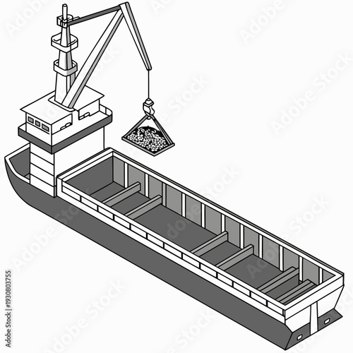 Gray cargo ship with crane loading rocks bulk carrier