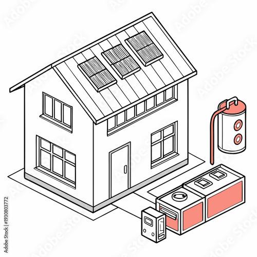 Isometric house with solar panels and home power system